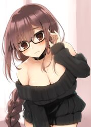 adjusting_glasses bangs blush braid breasts brown_eyes brown_hair choker cleavage fate/grand_order fate_(series) glasses kujiran large_breasts leaning_forward long_hair looking_at_viewer naked_sweater off_shoulder ribbed_sweater single_braid sleeves_past_wrists sweater yu_mei-ren_(fate)