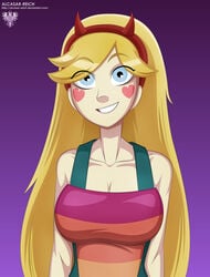 1girls alcasar-reich bare_shoulders big_breasts blonde_hair blue_eyes blush_stickers breasts cleavage disney female female_only headband horned_headwear large_breasts long_hair smile solo star_butterfly star_vs_the_forces_of_evil straight_hair upper_body