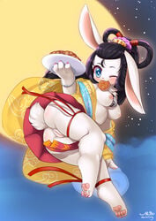 2019 anthro black_hair blue_eyes blush bracelet clothing female food hair hi_res jewelry lagomorph leporid long_hair looking_at_viewer mammal one_eye_closed pastry plate pussy rabbit solo wolflong