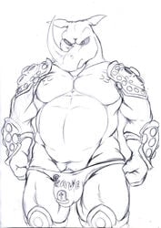 2019 abs altered_beast anthro armor belly biped black_and_white bulge clothing ears_outwards english_text flaccid front_view frown graphite_(artwork) grave grey_sclera half-length_portrait hi_res hopelesshighschool horn knee_pads looking_at_viewer male male_only mammal monochrome musclegut muscular muscular_male navel neff_(altered_beast) overweight overweight_male pecs pencil_(artwork) penis penis_base penis_shaped_bulge pivoted_ears portrait presenting presenting_penis prick_ears pubes rhinocerotoid sega serious simple_background snout solo spaulders speedo standing stare swimwear text traditional_media_(artwork) unamused undressing vambraces van_vader video_games white_background