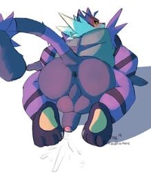 1boy alternate_color anthro anus ass blush bodily_fluids cum eye_contact feline foreskin fur furry genital_fluids half-closed_eyes hi_res incineroar looking_at_viewer male male_only mammal messy muscular nintendo penis pokémon_(species) pokemon presenting presenting_hindquarters radcanine rear_view solo stripes super_smash_bros. text thick_thighs video_games watermark wide_hips