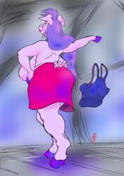 anthro_only back back_view big_breasts breasts curvy disney disney_villains dress female female_only furry hooves legs lipstick long_hair madam_mim mature mistersnow_(artist) pig plump purple_hair shirt stripper stripping the_sword_in_the_stone thighs topless transformation undressing witch