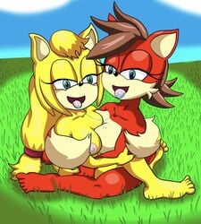 bodily_fluids breasts cuddling duo feet female female/female field fiona_fox furry grass hi_res looking_at_viewer nude public saliva saliva_string sky sonic_(series) tinydevilhorns tinydevilhorns_(artist) yuri zooey_the_fox