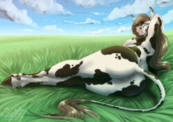 2019 anthro anus ass bovid bovine breasts cattle detailed_background eyewear female fur glasses hair holstein_friesian_cattle horn lying mammal nipples nude pussy solo sunny_way