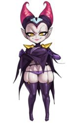 big_eyes big_forehead big_head borvar chibi dress dress_lift elbow_gloves evil_smile eyebrows eyeliner eyeshadow female female_focus female_only forehead front_view full_body garter_belt garter_straps gluteal_fold hair_horns horns lingerie long_eyebrows lowleg_panties navel_line neoteny pale_skin panties pigeon_toed pink_horns pink_lipstick pointy_ears presenting_panties pseudo_hair purple_dress purple_legwear purple_panties purple_stockings ratchet_and_clank short_ears shortstack shoulder_pads skindentation skirt_lift smile smiling sony_corporation sony_interactive_entertainment stockings thick_thighs thighhighs thighs vendra_prog_(ratchet_and_clank) white_background wide_hips yellow_eyes