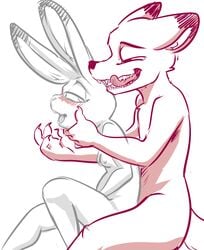 black_and_white blush canid canine disney female fox judy_hopps lagomorph leporid licking licking_lips male mammal nameless_lewder nick_wilde nipples nontoxo nude predator/prey rabbit sketch small_breasts tongue tongue_out zootopia