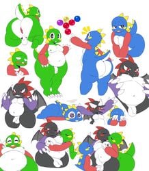 2019 4_fingers absurd_res anthro anthrofied anus ass backsack ball_fondling balls big_butt black_scales blue_scales blush bob_(bubble_bobble) bodily_fluids bub bub_(bubble_bobble) bubble_bobble bubble_dragon develon_(bubble_bobble) dragon fingers flaccid fondling genital_fluids gesture green_nipples green_scales grin group group_sex hi_res kissing looking_at_viewer lying male male/male membrane_(anatomy) membranous_wings multiple_scenes navel nipple_suck nipples nude open_mouth open_smile penis pointing precum rear_view red_eyes scales scalie seductive sex sharp_teeth slightly_chubby small_penis smile sssonic2 standing sucking taito teapot_(body_type) teeth threesome video_games waving white_scales wings