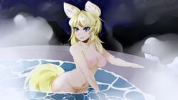 16:9 2019 barely_visible_genitalia barely_visible_pussy bathing big_breasts blonde_female blonde_hair blue_eyes breasts canid canine digital_media_(artwork) fangs female hair happy hi_res hot_spring humanoid liru long_hair mammal meryiel navel night nipples nude outside pinup pose pussy renkin_san-kyuu_magical_pokaan scar smile solo sponge standing water were werecanid werecanine werewolf wet