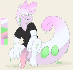 1boy 2019 alternate_color anthro anthrofied ass backsash big_penis bodily_fluids bottomless clothed clothing crouching cum digital_media_(artwork) dragon erection eye_contact feet fingers genital_fluids goodra grin hair half-closed_eyes heterochromia hi_res huge_penis long_penis looking_at_viewer male male_only medial_ring nintendo original_character penis pokémon_(species) pokemon pokemon_(species) pokemon_xy sash_(backsash) scalie shirt simple_background slime solo squatting tail tapering_penis testicles thick_tail thick_thighs video_games wide_hips