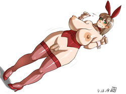 1futa animal_ears areolae bare_shoulders bimbo blush bottomless breasts brown_hair bunny_ears bunnysuit busty censored cleavage doomcomic dutch_angle flaccid flying_sweatdrops futa_only futanari green_eyes high_heels intersex large_breasts long_hair looking_at_viewer mosaic_censoring nipples original penis red_footwear red_legwear smile solo solo_futa testicles thighhighs topless voluptuous wrist_cuffs