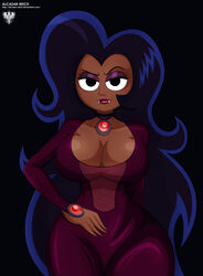 1girls alcasar-reich blue_hair breasts cartoon_network choker cleavage dark-skinned_female dark_skin dress eyeshadow fangs female half-closed_eyes hand_on_hip large_breasts long_hair looking_at_viewer makeup ok_k.o.!_let's_be_heroes purple_dress thick_thighs thighs vampire wide_hips wilhamena