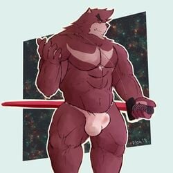 1:1 abs absurd_res anthro biped bulge claws clothing fundoshi fur hi_res japanese_clothing kumatetsu male male_only mammal melee_weapon muscular muscular_male navel nipples pecs radcanine solo sword the_boy_and_the_beast underwear ursid weapon