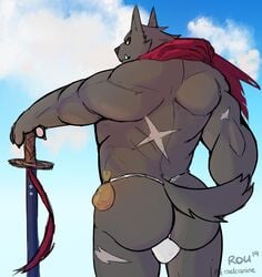 absurd_res anthro ass biped bulge canid canine claws clothing fur hi_res jockstrap k.v_(radcanine) katana looking_back male male_only mammal melee_weapon muscular muscular_male portrait radcanine rear_view scar scarf solo sword three-quarter_portrait underwear weapon