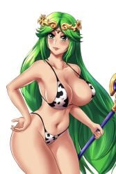 1girls bikini blank_background blush covered_nipples cow_print cow_print_bikini green_eyes green_hair hand_on_hip kid_icarus kid_icarus_uprising large_breasts leonart navel nintendo palutena smile staff