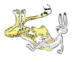 anthro anthro_on_anthro bodily_fluids breasts buckteeth cheetah closed_eyes cunnilingus dipstick_ears disney duo featureless_breasts felid feline female female/female flat_chest fur half-closed_eyes interspecies judy_hopps kii_catano lagomorph leporid looking_pleasured lying mammal multicolored_ears nameless_lewder nontoxo on_front oral predator/prey rabbit reclining saliva saliva_string sex small_breasts spots spotted_fur spread_legs spreading teeth vaginal_penetration yuri zootopia