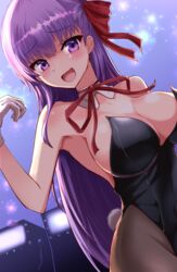 animal_ears bb_(fate) big_eyes breasts bunny_ears bunny_girl bunnysuit fate/extra_ccc fate/grand_order fate_(series) hair_over_shoulder hair_ribbon highres kihou_no_gotoku_dmc large_breasts light long_hair looking_at_viewer necktie open_mouth pantyhose purple_eyes purple_hair ribbon slot_machine smile sparks