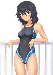 andou_(girls_und_panzer) black_hair female girls_und_panzer looking_at_viewer one-piece_swimsuit simple_background solo swimsuit takafumi