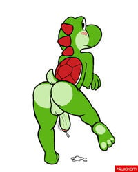 anthro arwokom ass balls big_butt blush bodily_fluids feet genital_fluids green_yoshi humanoid_penis looking_at_viewer male male_only mario_(series) nintendo nude penis precum raised_tail rear_view scalie shell shy simple_background solo standing thick_thighs video_games yoshi