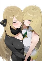 2girls ai_generated breast_press breasts cynthia_(pokemon) hitsuki_sub lusamine_(pokemon) pokemon pokemon_dppt pokemon_sm symmetrical_docking tagme