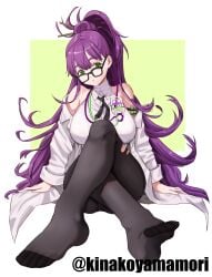 bare_shoulders black_necktie black_pantyhose coat ether_(nikke) feet female glasses goddess_of_victory:_nikke green_eyes hair_ornament hair_stick highres lab_coat long_hair looking_at_viewer necktie off_shoulder pantyhose ponytail purple_hair shirt sitting sleeveless sleeveless_shirt solo torn_clothes torn_pantyhose twitter_username white_coat white_shirt yamamori_kinako