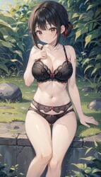 1girls ai_generated arm_support ass_visible_through_thighs bangs bare_arms bare_shoulders black_bra black_hair black_panties blush bow bow_bra bow_panties bra breasts bush cleavage closed_mouth collarbone day feet_out_of_frame garter_belt grass hair_bun hair_ribbon hand_on_own_chest hand_up kaguya-sama_wa_kokurasetai_~tensai-tachi_no_renai_zunousen~ lace-trimmed_bra lace-trimmed_panties lace_trim large_breasts lingerie looking_at_viewer multi-strapped_panties natsuyoru navel outdoors panties plant red_eyes red_ribbon ribbon rock shinomiya_kaguya short_hair short_ponytail shoulder_tattoo sidelocks single_hair_bun sitting skindentation solo stomach string_bra string_panties tattoo thigh_gap thighs underwear underwear_only