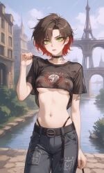 ai_generated baggy_clothing brown_hair canal cargo_pants covered_nipples crop_top female france green_eyes loose_clothes mesh_shirt midriff multicolored_hair navel nipples_visible_through_clothing original_character paris red_hair see-through_clothing see-through_top short_hair tattoo thong thong_straps tomboy translucent_clothing