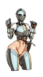 armor boots bottomless breastplate cleft_of_venus covered_face cowboy_shot female gauntlets helmet kardia_of_rhodes knife knight navel nisetanaka nisetanaqa original plate_armor pussy revealing_clothes scabbard sheath sheathed simple_background solo sword thigh_boots thighhighs uncensored weapon white_background