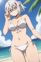 1girls ai_generated ailya86 beach big_breasts bikini fuyumi_todoroki glasses looking_at_viewer my_hero_academia swimsuit thick_thighs white_hair