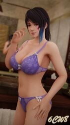 1girls 6cw8 alluring amber_eyes big_breasts black_and_blue_hair bra cleavage dead_or_alive dead_or_alive_xtreme_venus_vacation lingerie panties pin_up shandy_(doa) tecmo underwear