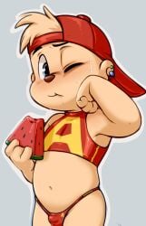 2024 alvin alvin_and_the_chipmunks alvin_seville anthro belly belly_button bikini blush bulge cap chipmunk closed_eye cub dandi ear_piercing earring earrings eating furry furry_only hi_res humanoid looking_at_viewer male male_cub male_only midriff red_clothing saliva saliva_drip saliva_string saliva_trail speedo sweat sweatdrop sweating swimsuit thong tummy watermelon wink young young_anthro young_male