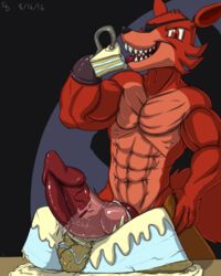 animal_genitalia animal_penis anthro anthrofied biceps big_penis black_nose bottomwear broken_condom cake canid canine canine_penis clothed clothing condom eye_patch eyewear fangs five_nights_at_freddy's food food_play fox foxy_(fnaf) fur glenskunk hi_res hook huge_cock male male_only mammal muscular muscular_male open_mouth pants penis red_eyes red_fur sharp_teeth solo teeth topless video_games