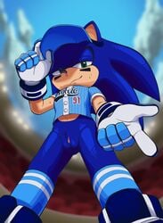 andromorph baseball_uniform bottomless clothed clothing cuntboy hi_res intersex low-angle_view nowykowski7 pussy slugger_sonic sonic_(series) sonic_forces_speed_battle sonic_the_hedgehog_(series) sportswear sweat sweater uniform worm's-eye_view