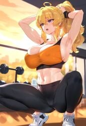 1girls ai_generated big_breasts blonde_hair breasts female female_focus huge_breasts laino_airt large_breasts navel purple_eyes rwby sports_bra squatting thick_thighs yang_xiao_long