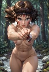 action_pose aggressive ai_generated breasts brown_eyes brown_hair facepaint forest mononoke_hime muscular_female nipples nude nude_female princess_mononoke pussy serious studio_ghibli