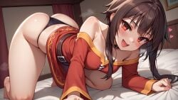 ai_generated bent_over blush brown_hair happy heart kono_subarashii_sekai_ni_shukufuku_wo! looking_at_viewer megumin pussy_juice pussy_juice_drip red_eyes short_hair small_breasts smiling thong