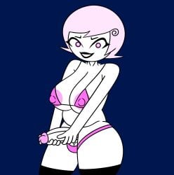 big_breasts bikini_top erection futanari holding_penis homestuck looking_at_viewer masturbation panties pink_hair pink_panties pink_penis roxy_lalonde supernaturals