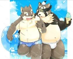 2024 anthro asian_clothing belly black_nose bottomwear brown_body bulge canid canine canis clothing cloud dessert distracting_watermark domestic_dog duo east_asian_clothing food fundoshi hi_res ice_cream inuryu japanese_clothing kemono lifewonders live_a_hero male male/male mammal moobs moritaka_(tas) nipples overweight overweight_male raccoon_dog scar shoen shorts swimwear tanuki tokyo_afterschool_summoners underwear watermark white_clothing white_fundoshi white_underwear