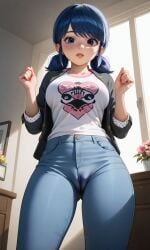 1female 1girls ai_generated blouse_jacket blue_eyes blue_hair blue_jeans cameltoe chloenette69 disney disney_channel ladybug_(character) large_ass large_breasts looking_at_viewer marinette_cheng marinette_dupain-cheng miraculous:_tales_of_ladybug_and_cat_noir miraculous_ladybug solo_female solo_focus standing thick_thighs twintails white_tank_top