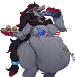 american_flag anthro belly big_belly big_breasts bikini black_body black_fur black_hair bodily_fluids bottomwear bra breasts burger chest_tuft clothed clothing digestion_noises drooling duo fan_character female food fur generation_5_pokemon grey_body grey_fur hair hot_dog huge_belly kasdal long_hair navel nintendo oral_vore pants plate pokemon pokemon_(species) red_hair saliva simple_background smile solo_focus stomach_bulge swimwear teeth tongue tongue_out tuft two-piece_swimsuit underwear united_states_of_america vaskin_(anamecuz) vore white_background zoroark