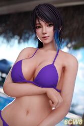 1girls 3d 6cw8 alluring amber_eyes big_breasts bikini black_and_blue_hair cleavage dead_or_alive dead_or_alive_xtreme_venus_vacation female_only shandy_(doa) swimming_pool tecmo