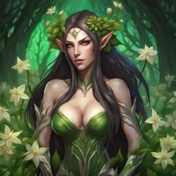 ai_generated black_hair breasts cleavage elf elf_ears elf_female eyebrows female female_only flower flower_in_hair forest forest_background green_eyes leaves long_hair pale-skinned_female pale_skin pointy_ears