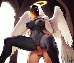 1girls ai_generated angel angel_girl angel_wings anus ass black_body breast_curtains busty curvy_figure female female_focus huge_breasts legs_spread oc original original_character pussy sweaty thick_thighs wings