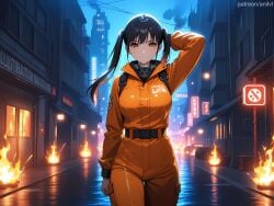 1girls ai_generated anilvl arm_behind_head arm_up backpack bangs belt black_belt black_hair bodysuit breasts building burning car city closed_mouth cowboy_shot crosswalk en'en_no_shouboutai enen_no_shouboutai fire fire_force gloves ground_vehicle jacket jumpsuit kotatsu_tamaki large_breasts long_hair long_sleeves looking_at_viewer medium_breasts motor_vehicle night night_sky orange_bodysuit orange_jacket orange_jumpsuit orange_pants outdoors reflection road road_sign sign sky skyscraper smoke solo standing street thigh_gap twintails v-shaped_eyebrows water yellow_eyes