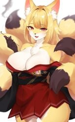 1girls 2d 2d_(artwork) 5_fingers 6_tails anthro big_breasts black_hands clothing colored fox furry hi_res looking_at_viewer maru_mao_(artist) open_mouth pawpads red_eyes simple_background thick_thighs yellow_ears yellow_fur yellow_hair yellow_tail