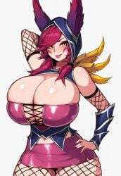 1girls ai_generated animal_ears arm_behind_head bare_shoulders big_breasts breasts cleavage facial_markings feathers fishnets hand_on_hip hood huge_breasts large_breasts league_of_legends nai_diffusion open_clothes red_hair red_lipstick riot_games shiny_clothes shiny_skin skirt smile solo stable_diffusion thick_thighs thighs vastaya white_background xayah yellow_eyes