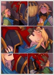 2boys big_dom_small_sub blush choking comic comic_page comic_panel couple ganondorf ganondorf_(hyrule_warriors) gay gay_domination gerudo hickey holding_head hyrule_warriors interracial kukumomo licking link link_(hyrule_warriors) looking_pleasured male male/male male_only neck_bite nintendo open_mouth size_difference the_legend_of_zelda yaoi