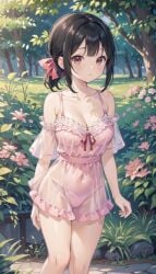 1girls ai_generated bangs bare_shoulders black_hair blush bow breasts bush casual_one-piece_swimsuit cleavage closed_mouth collarbone covered_navel day detached_sleeves dress feet_out_of_frame flower forest frilled_dress frills grass groin hair_ribbon hairbow highleg highleg_leotard kaguya-sama_wa_kokurasetai_~tensai-tachi_no_renai_zunousen~ leotard looking_at_viewer medium_breasts medium_hair natsuyoru nature one-piece_swimsuit outdoors panties parted_lips pink_bow pink_dress pink_flower pink_leotard pink_one-piece_swimsuit pink_panties pink_ribbon plant ponytail red_bow red_eyes red_ribbon ribbon see-through see-through_dress see-through_sleeves shinomiya_kaguya short_hair short_ponytail short_sleeves sidelocks solo spaghetti_strap standing swimsuit thighs tree underwear