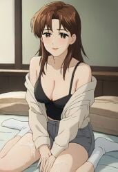 1girls ai_generated bed brown_eyes brown_hair civitai clothing cum cum_on_body looking_at_viewer reina_akikawa sitting_on_bed smile wangan_midnight