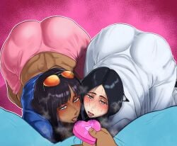 bleach blushing blushing_at_viewer dark-skinned_female dark-skinned_male dark_skin female looking_at_viewer male nico_robin one_piece pov sunnysundown sweaty_face tongue_out unohana_retsu valentine's_day