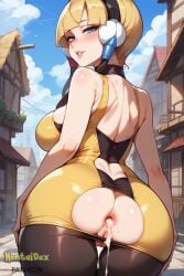 after_anal after_sex after_vaginal ai_generated anus ass bangs blonde_hair blue_eyes blue_sky blunt_bangs blush breasts choker clothing_cutout cloud cum cum_in_ass cum_in_pussy cumdrip day elesa_(pokemon) female headphones hentaidex hentaidexfuta looking_at_viewer looking_back outdoors pantyhose patreon patreon_username pussy short_hair sky solo torn_clothes torn_legwear uncensored yellow_dress